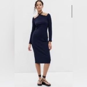 LOFT NWT Ribbed Tie-Neck Cutout Midi Dress - Navy